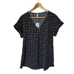 Quezhu Floral Blouse Womens Small Navy Blue NEW V-Neck Short Sleeve Ditsy Top